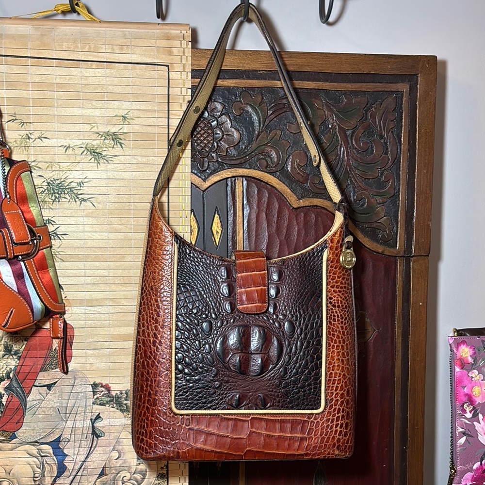 Brahmin Leather Bag Tricolor w Melbourne Croc Magnetic Snap Flap 10”x9.5”x3.5”